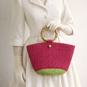 Straw Tote Handbag with Bamboo Handles - Pink